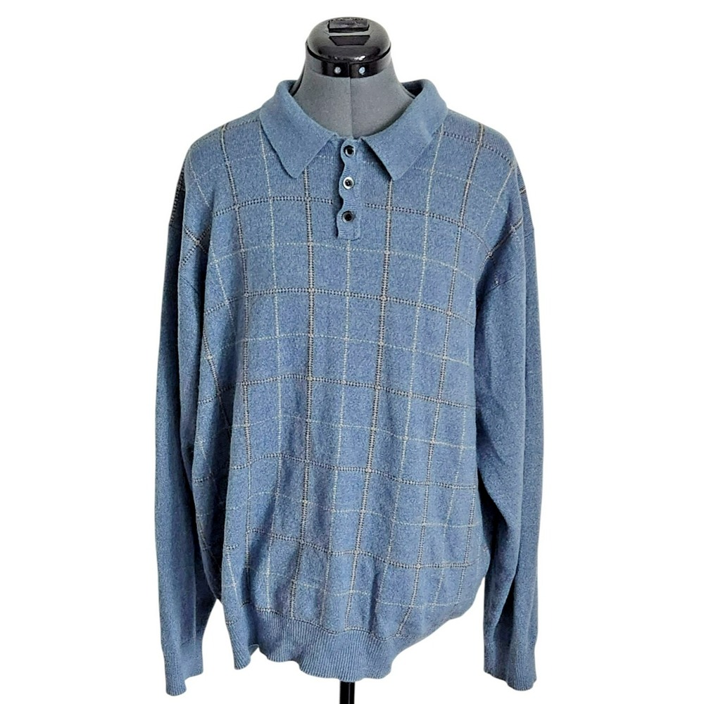 Cambridge Classics Mens Blue Grid Pattern Long Sleeve Polo Sweater Size L